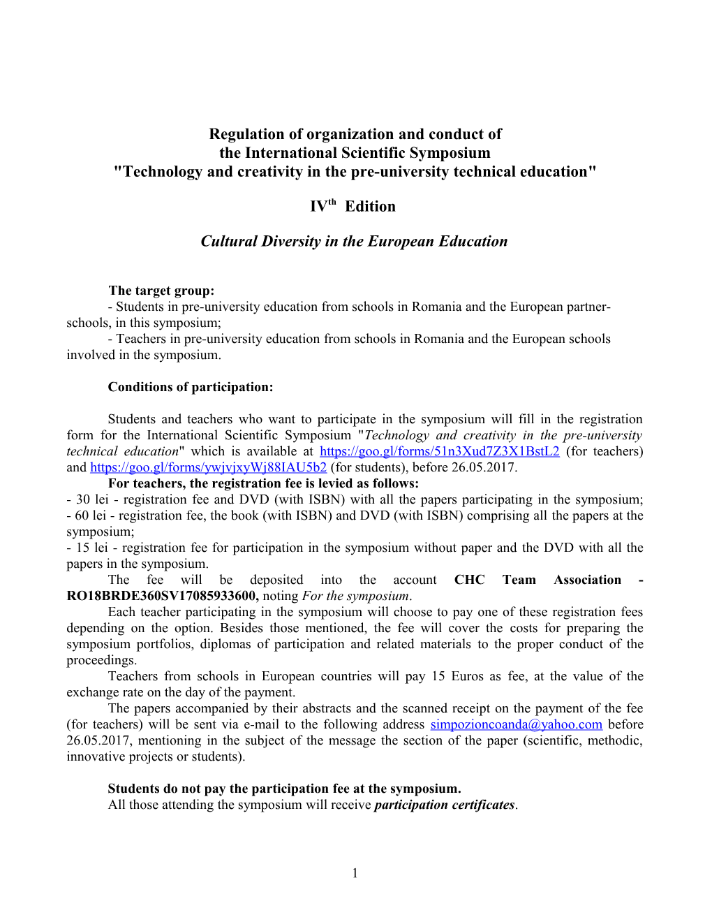 Regulation of Organization and Conduct of the International Scientific Symposium Technology