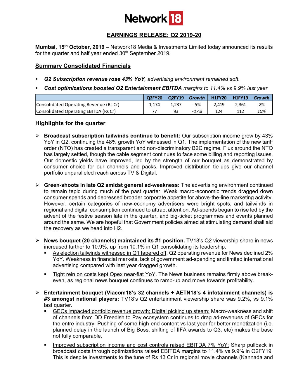 EARNINGS RELEASE: Q2 2019-20 Summary Consolidated Financials