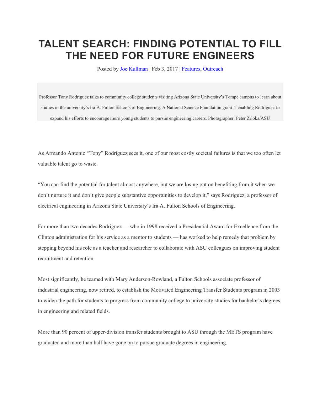 TALENT SEARCH: FINDING POTENTIAL to FILL the NEED for FUTURE ENGINEERS Posted by Joe Kullman | Feb 3, 2017 | Features, Outreach