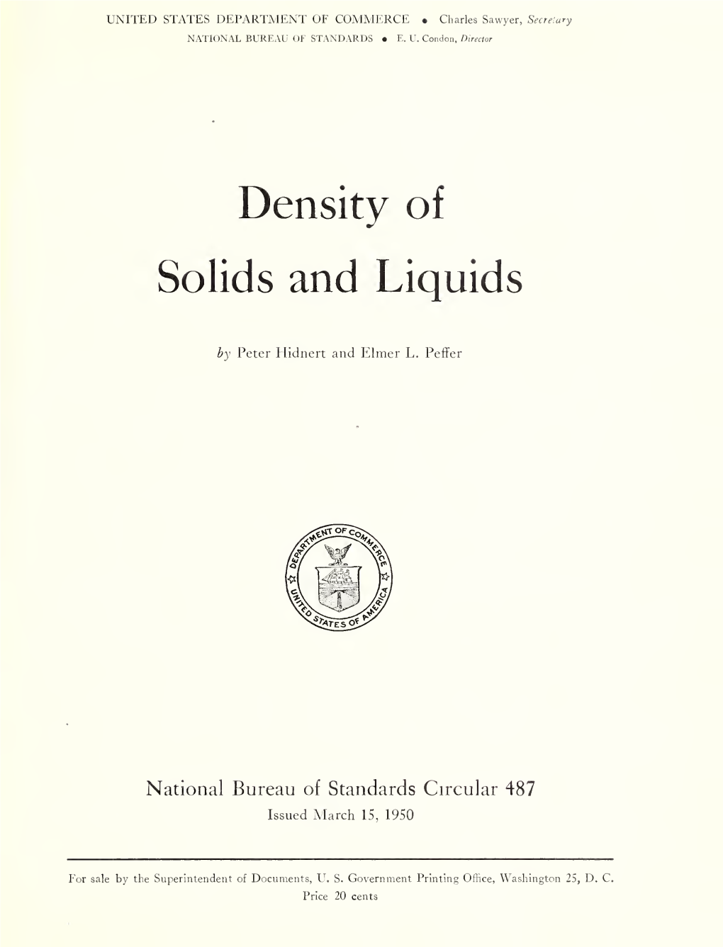 Circular of the Bureau of Standards No. 487: Density of Solids and Liquids