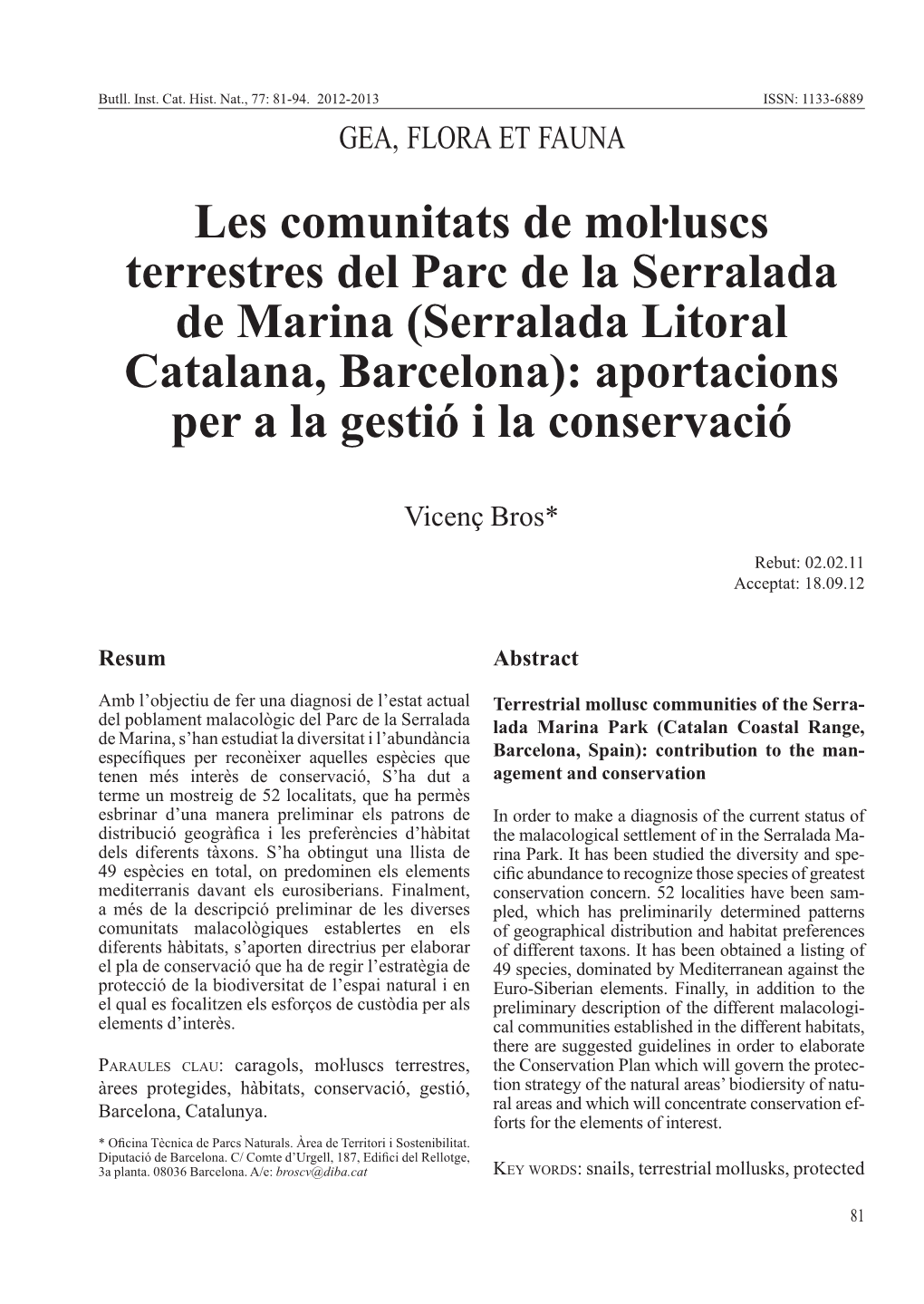 Serralada Litoral Catalana, Barcelona): Aportacions Per a La Gestió I La Conservació
