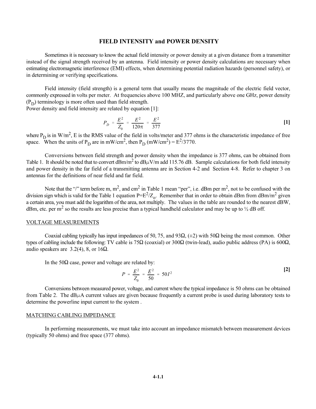 FIELD INTENSITY and POWER DENSITY