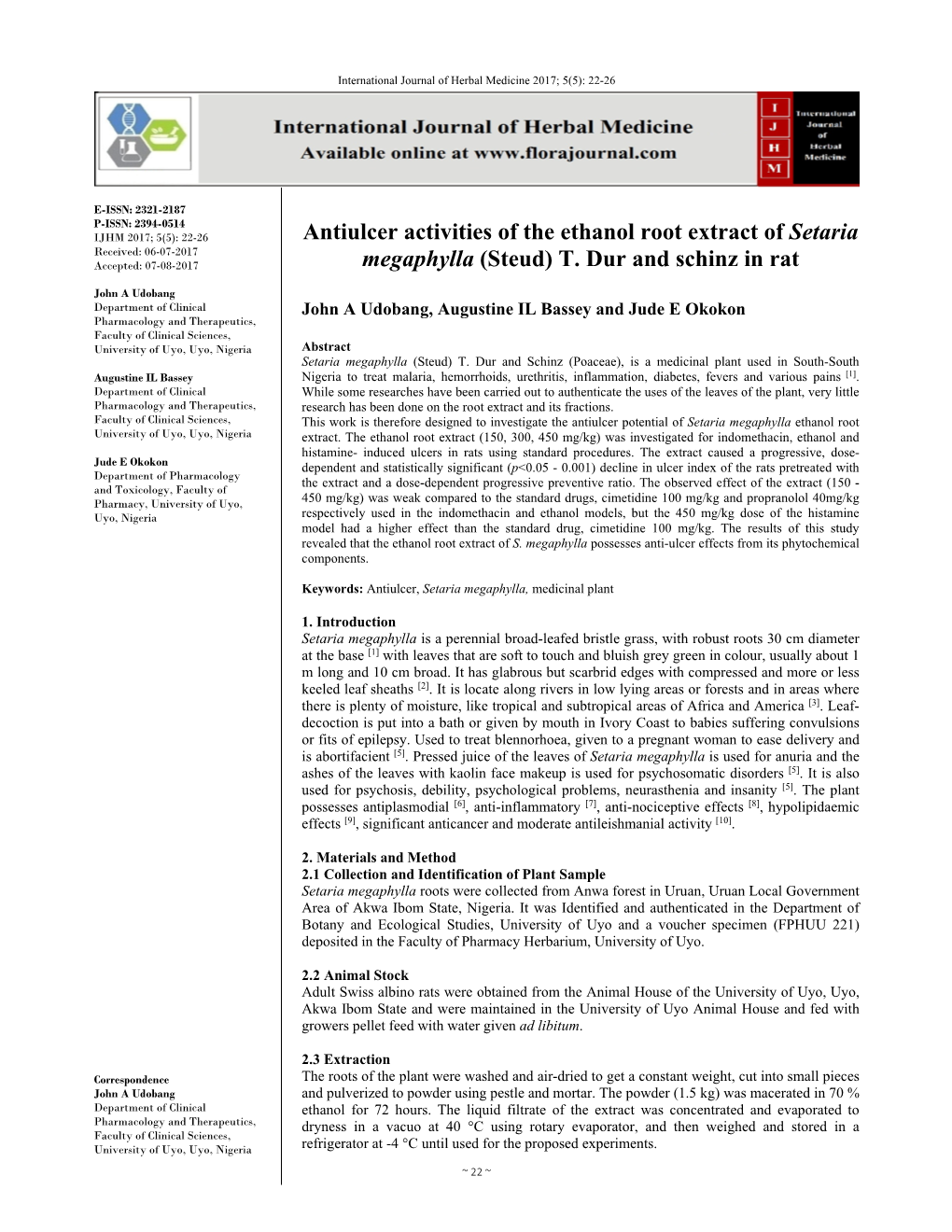 Antiulcer Activities of the Ethanol Root Extract of Setaria Megaphylla