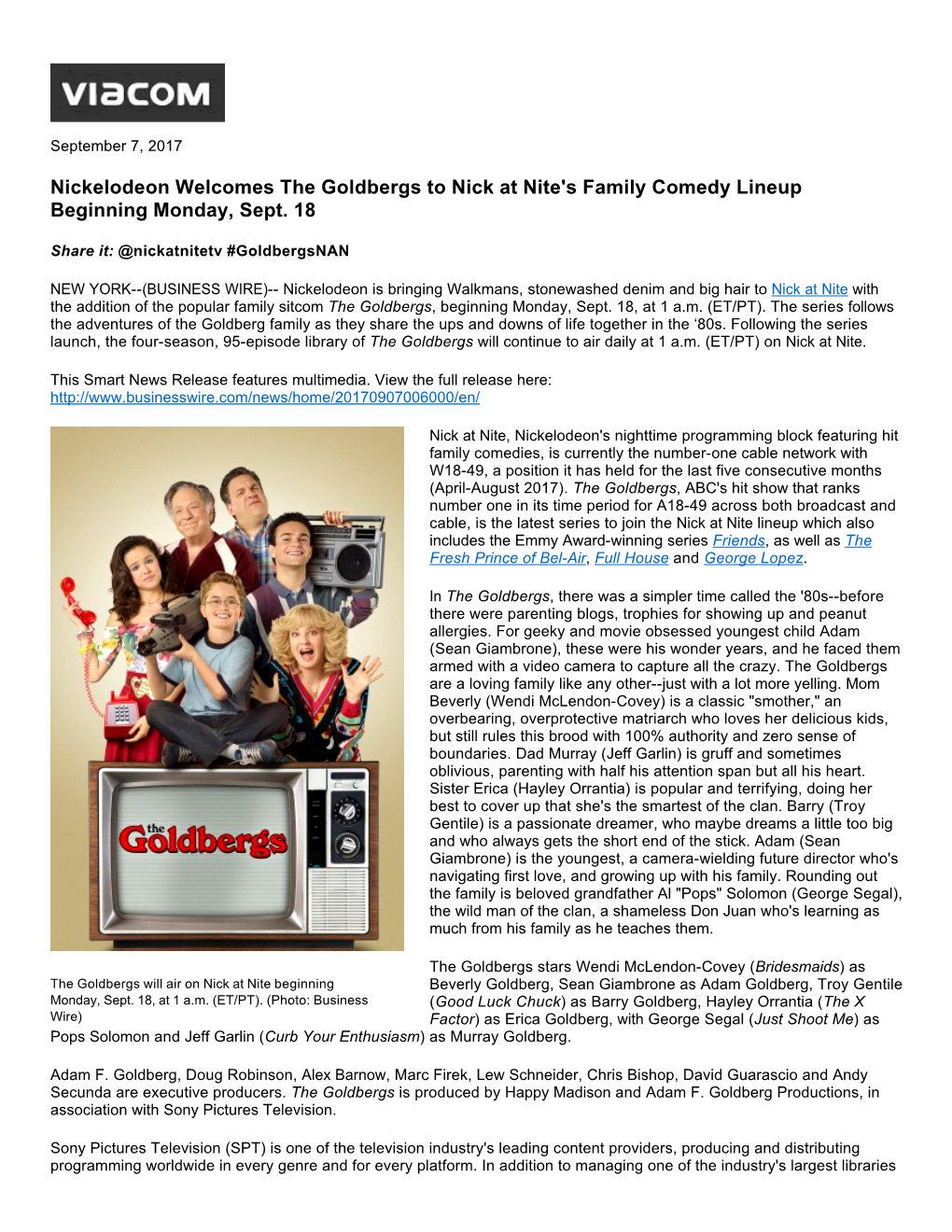 Nickelodeon Welcomes the Goldbergs to Nick at Nite's Family Comedy Lineup Beginning Monday, Sept