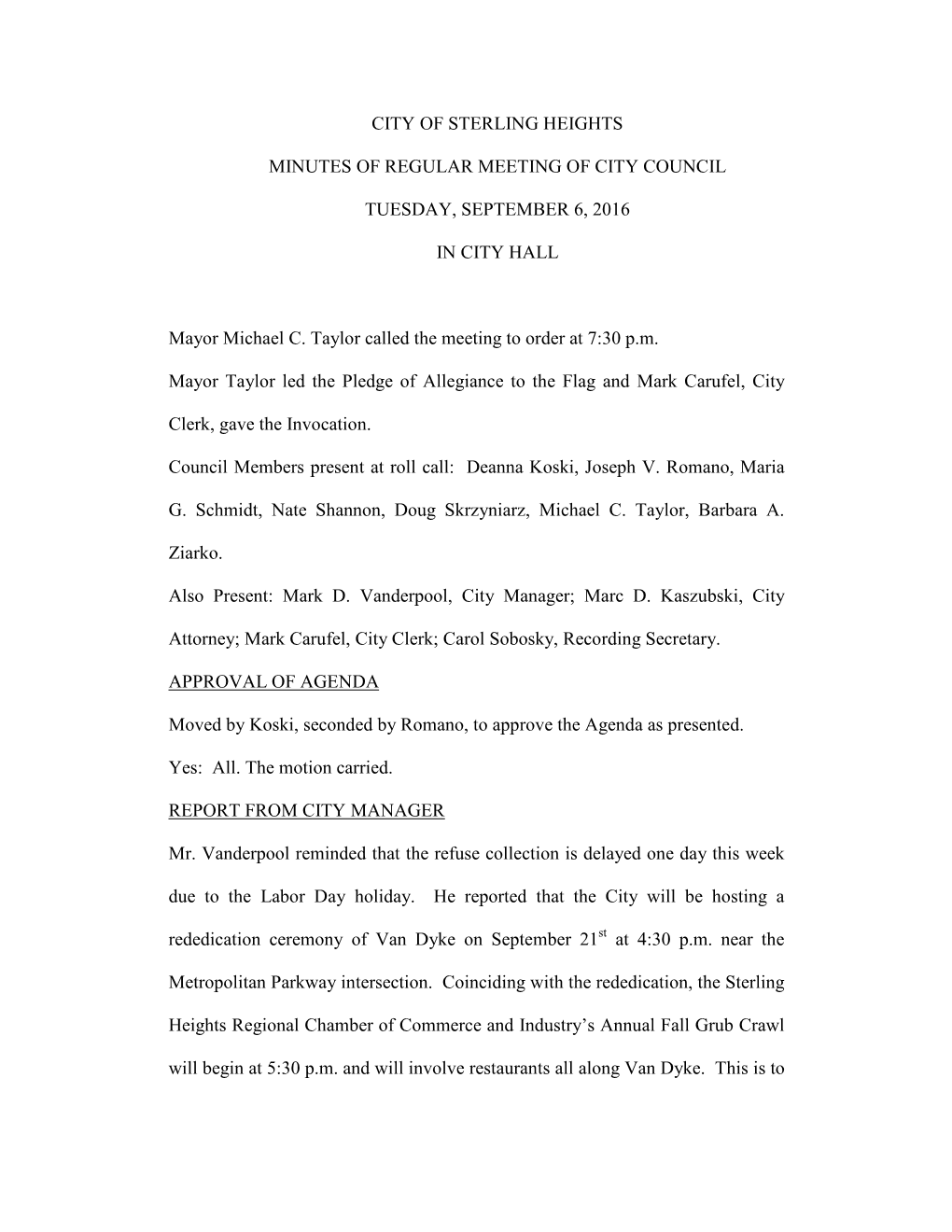 Regular City Council Meeting Tuesday, September 6, 2016 Page 2