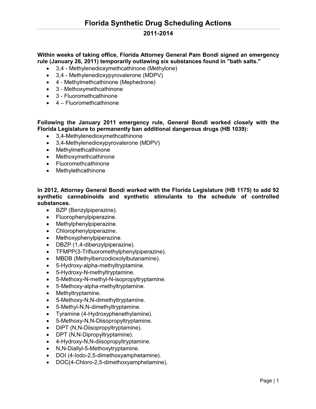 Florida Synthetic Drug Scheduling Actions 2011-2014