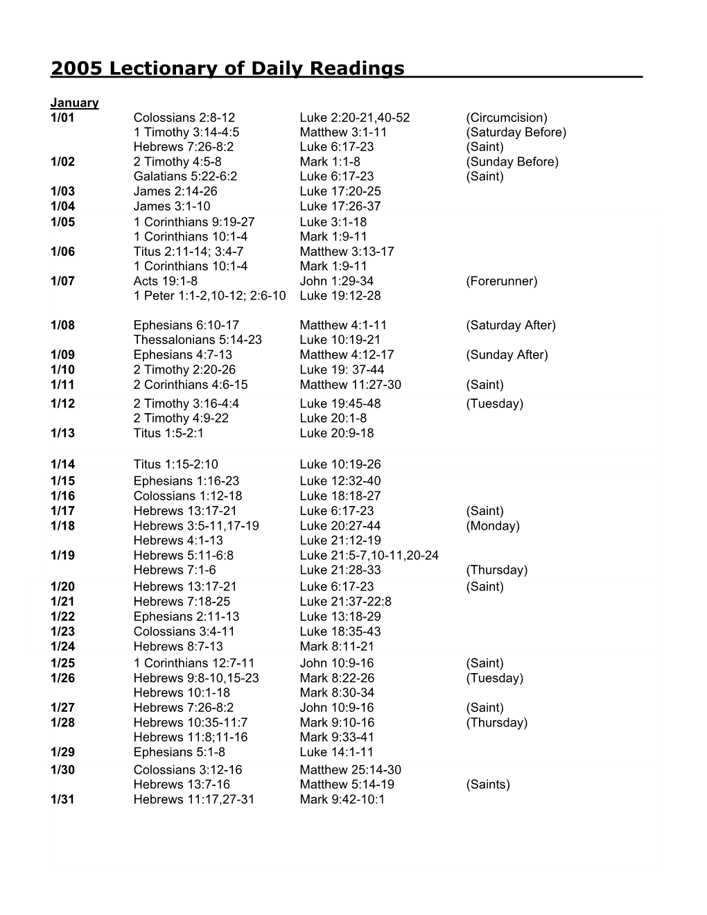 2005 Lectionary of Daily Readings