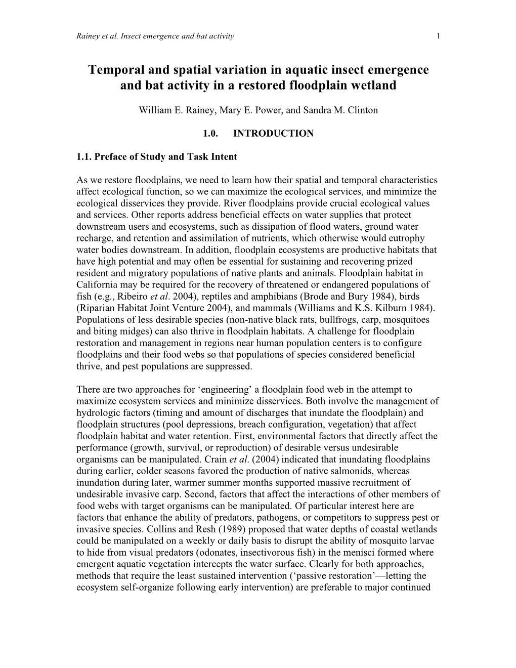 Temporal and Spatial Variation in Aquatic Insect Emergence and Bat Activity in a Restored Floodplain Wetland