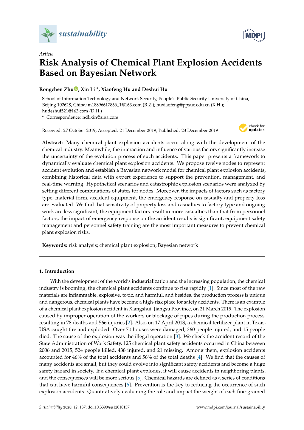 Risk Analysis of Chemical Plant Explosion Accidents Based on Bayesian Network