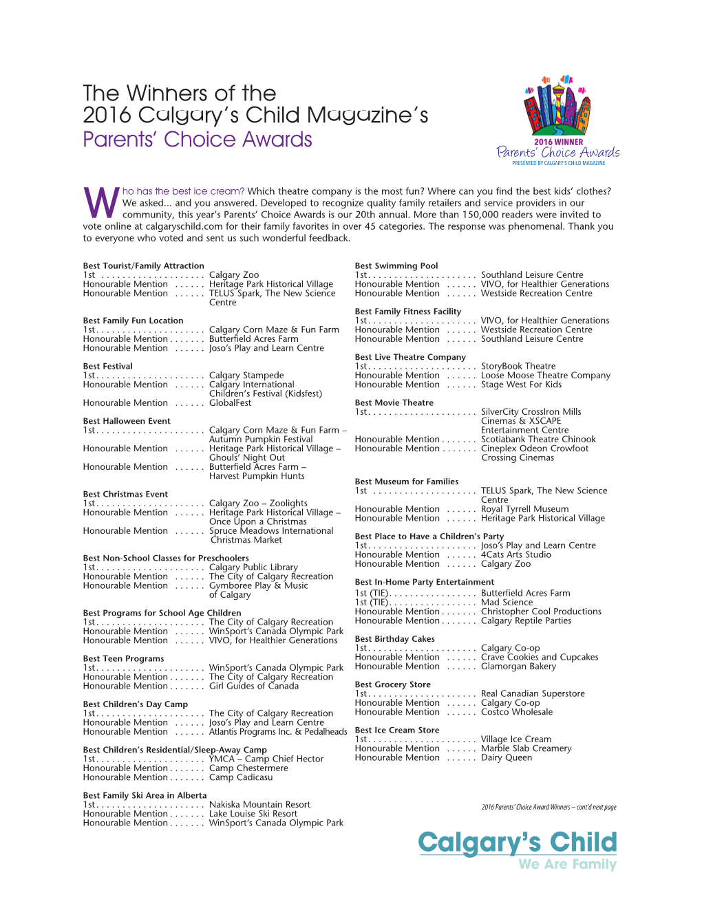 The Winners of the 2016 Calgary's Child Magazine's Parents' Choice