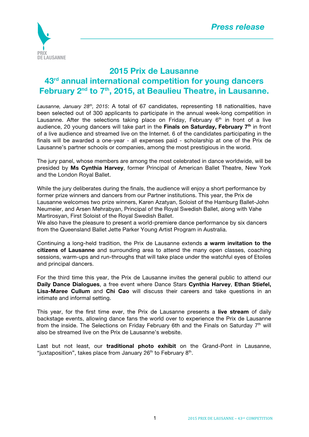 Press Release 2015 Prix De Lausanne 43Rd Annual International Competition for Young Dancers February 2Nd to 7Th, 2015, at Beauli