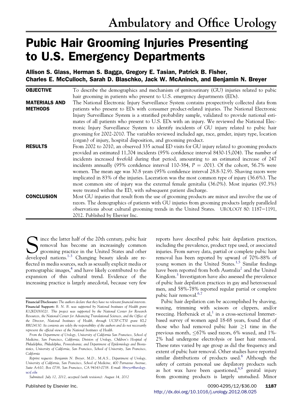 Pubic Hair Grooming Injuries Presenting to U.S. Emergency Departments Allison S