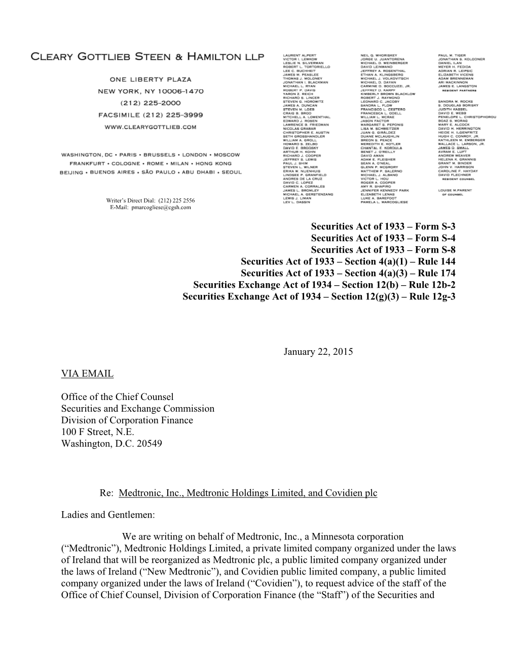 Medtronic, Inc., Medtronic Holdings Limited, and Covidien Plc