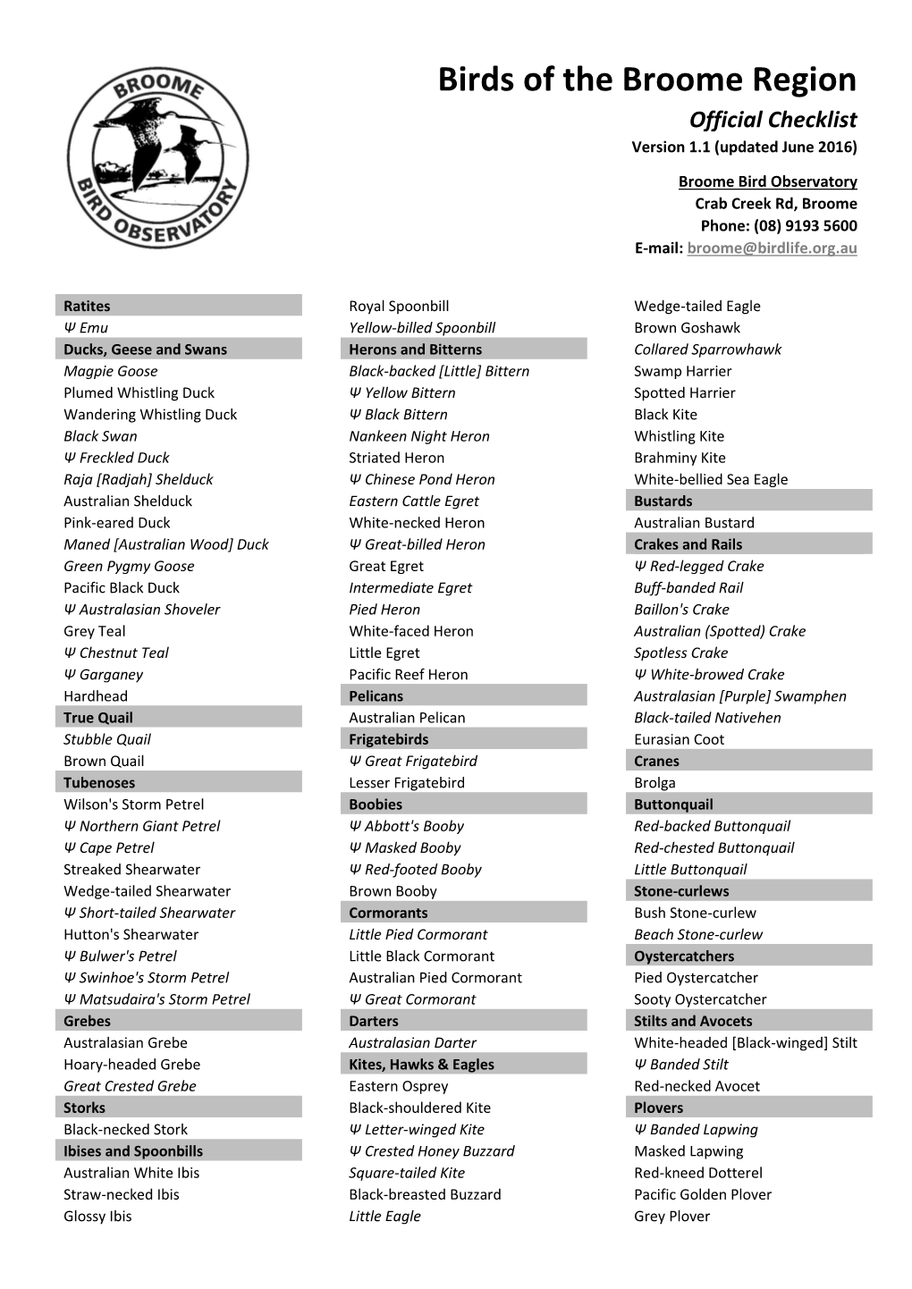 Birds of the Broome Region Official Checklist Version 1.1 (Updated June 2016)