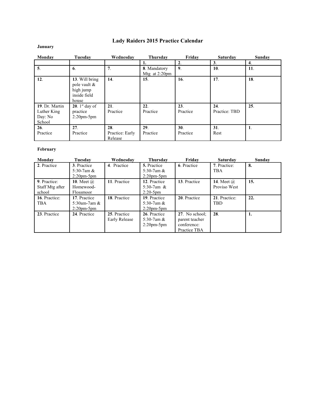 Lady Raiders 2015 Practice Calendar