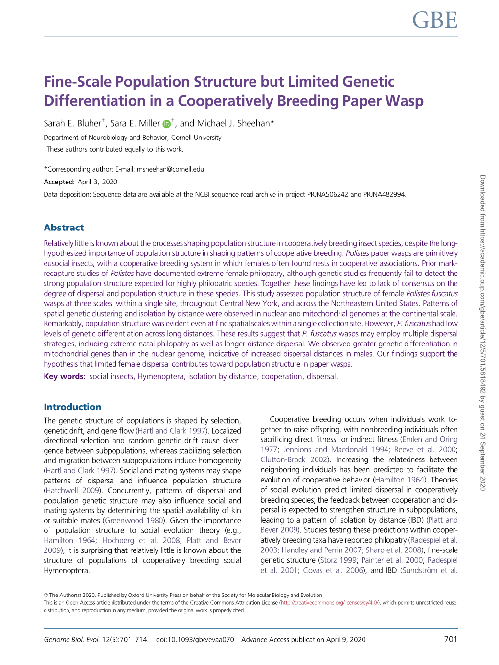 Fine-Scale Population Structure but Limited Genetic Differentiation in a Cooperatively Breeding Paper Wasp