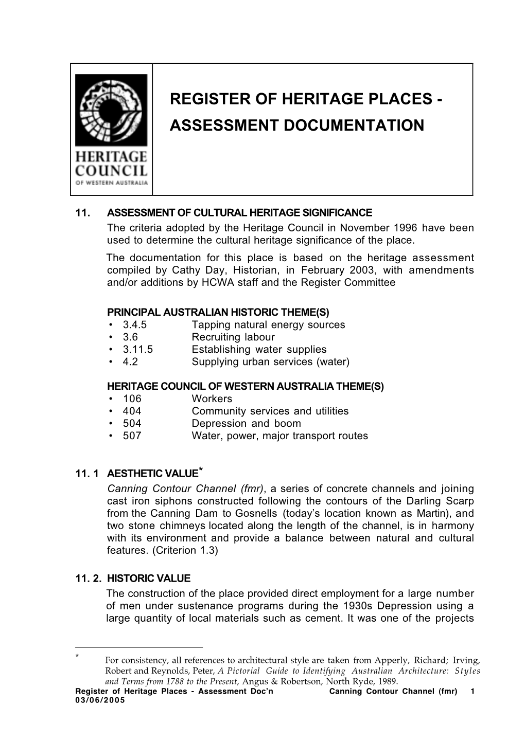 Register of Heritage Places - Assessment Documentation