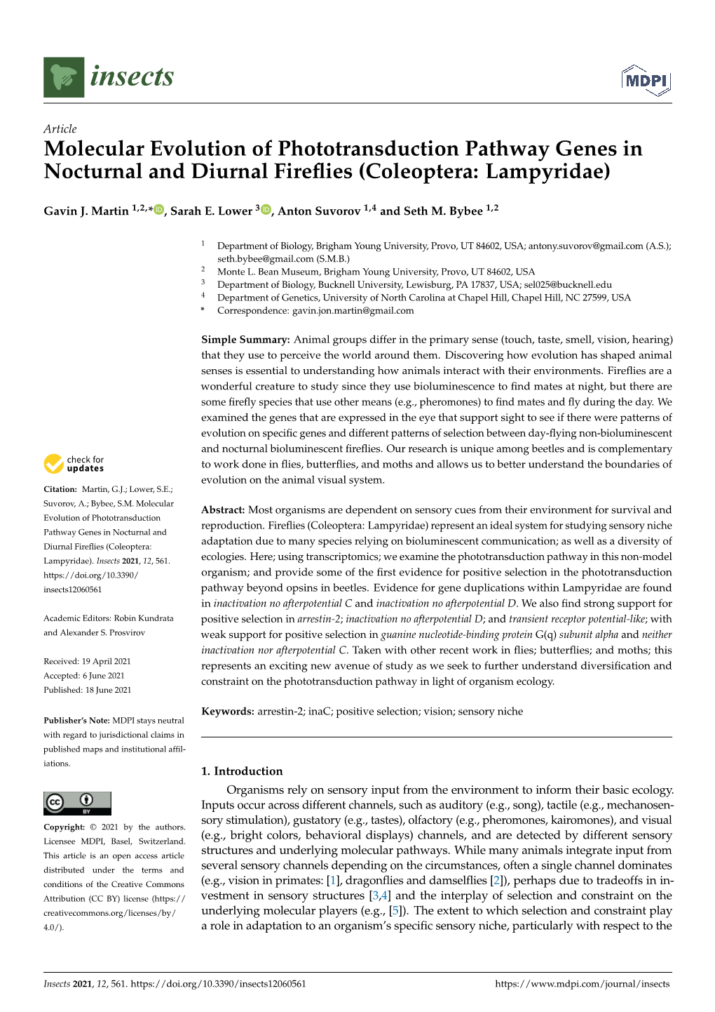 Molecular Evolution of Phototransduction Pathway Genes in Nocturnal and Diurnal Fireﬂies (Coleoptera: Lampyridae)