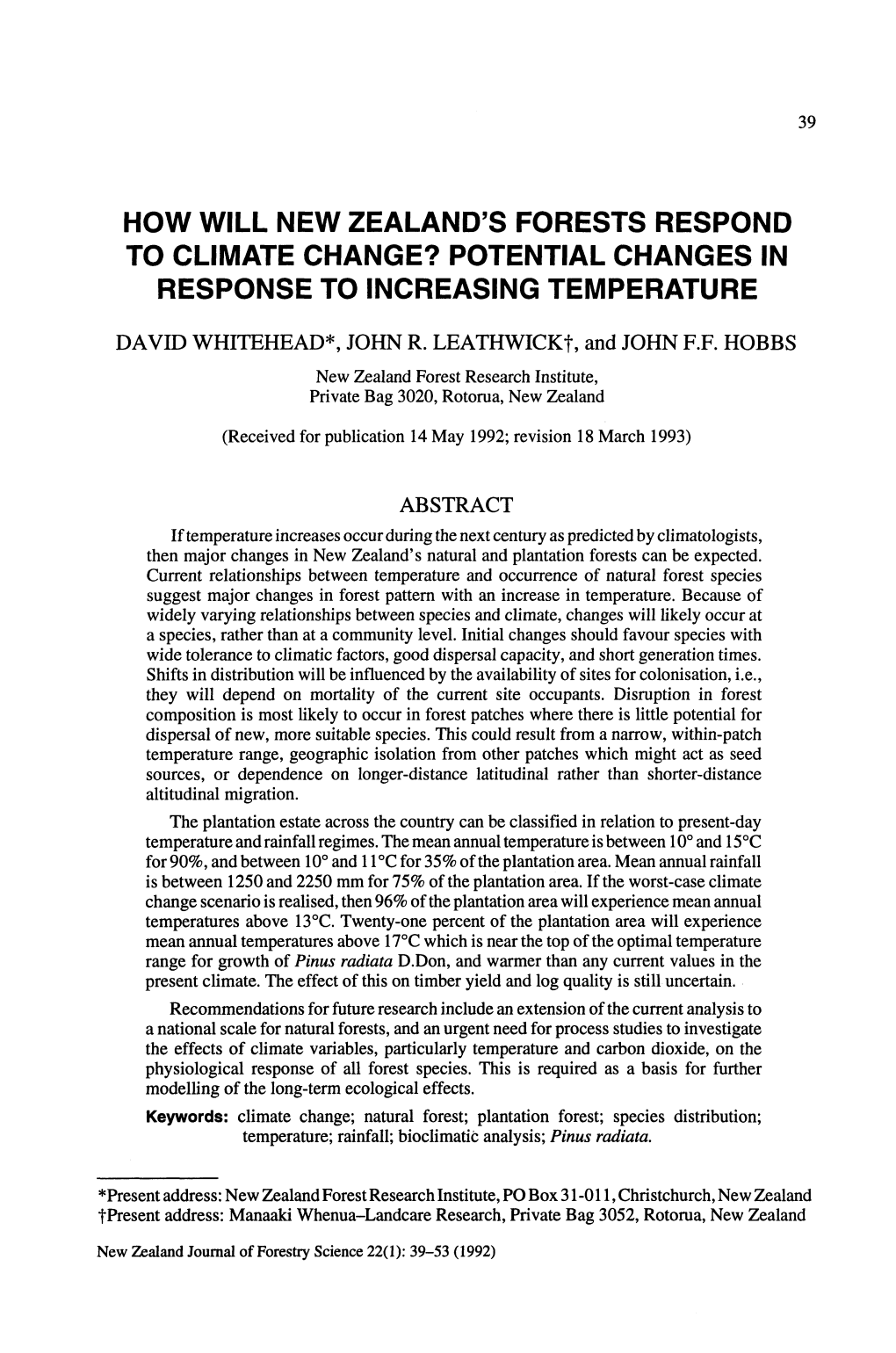 How Will New Zealand's Forests Respond to Climate Change? Potential Changes in Response to Increasing Temperature