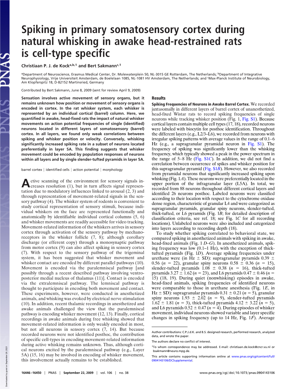 Spiking in Primary Somatosensory Cortex During Natural Whisking in Awake Head-Restrained Rats Is Cell-Type Specific