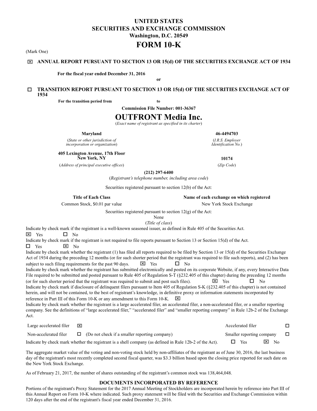 FORM 10-K OUTFRONT Media Inc