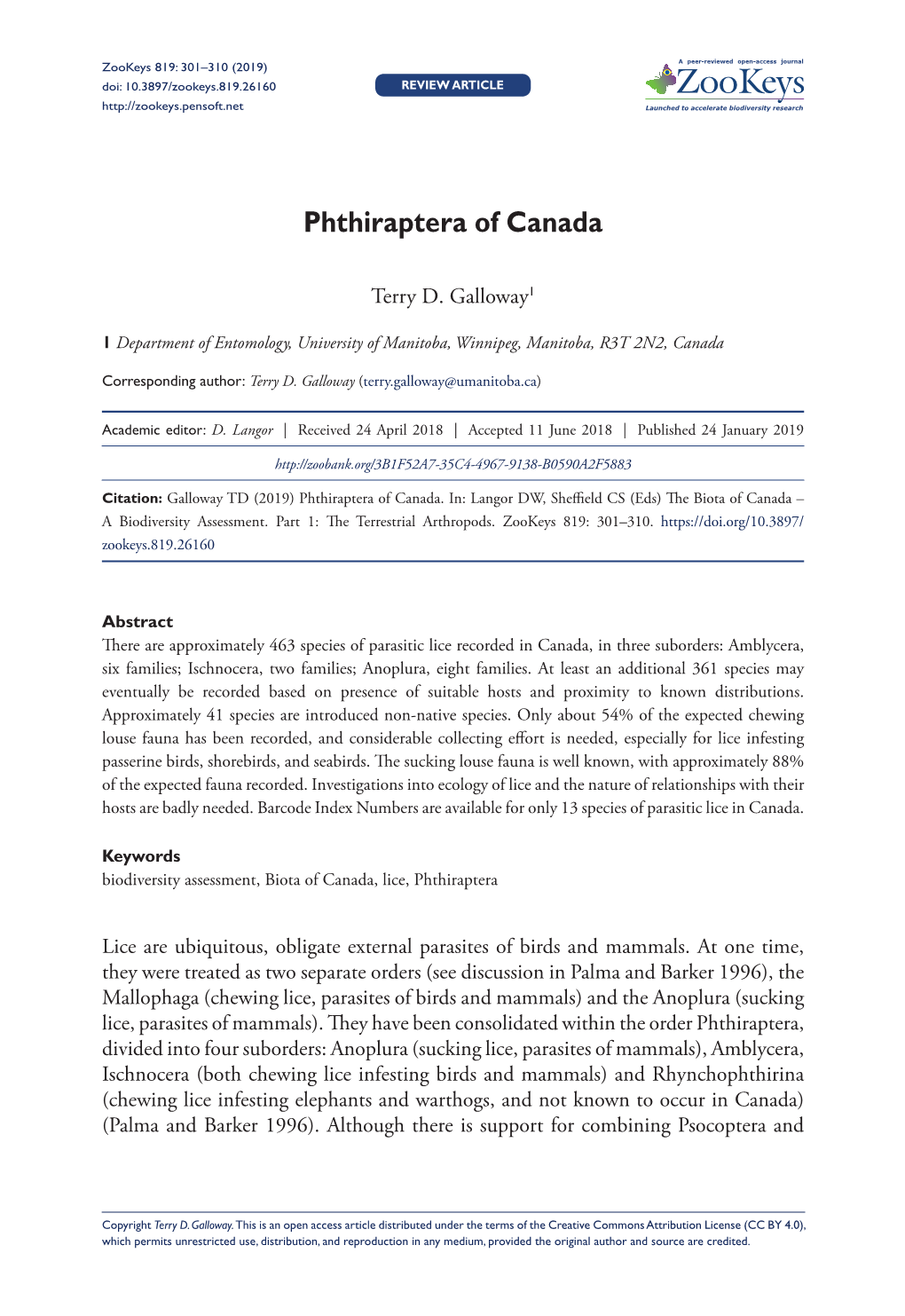 Phthiraptera of Canada 301 Doi: 10.3897/Zookeys.819.26160 REVIEW ARTICLE Launched to Accelerate Biodiversity Research