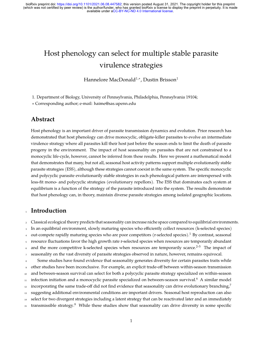 Host Phenology Can Select for Multiple Stable Parasite Virulence Strategies
