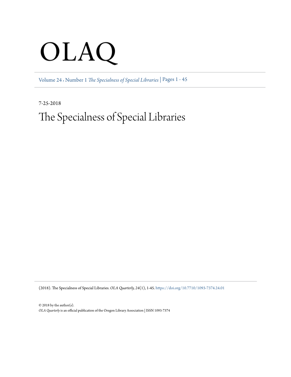 The Specialness of Special Libraries | Pages 1 - 45