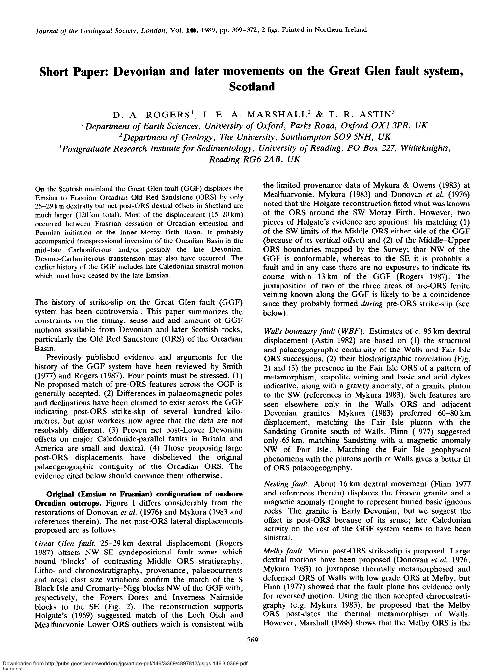 Devonian and Later Movements on the Great Glen Fault System, Scotland