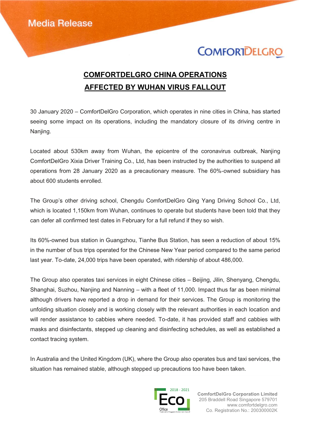 Comfortdelgro China Operations Affected by Wuhan Virus Fallout