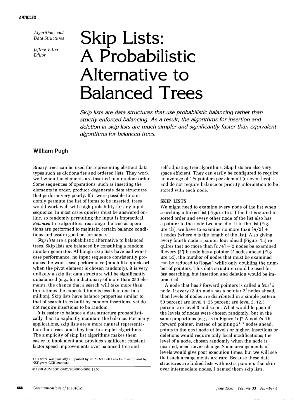 Skip Lists: a Probabilistic Alternative to Balanced Trees