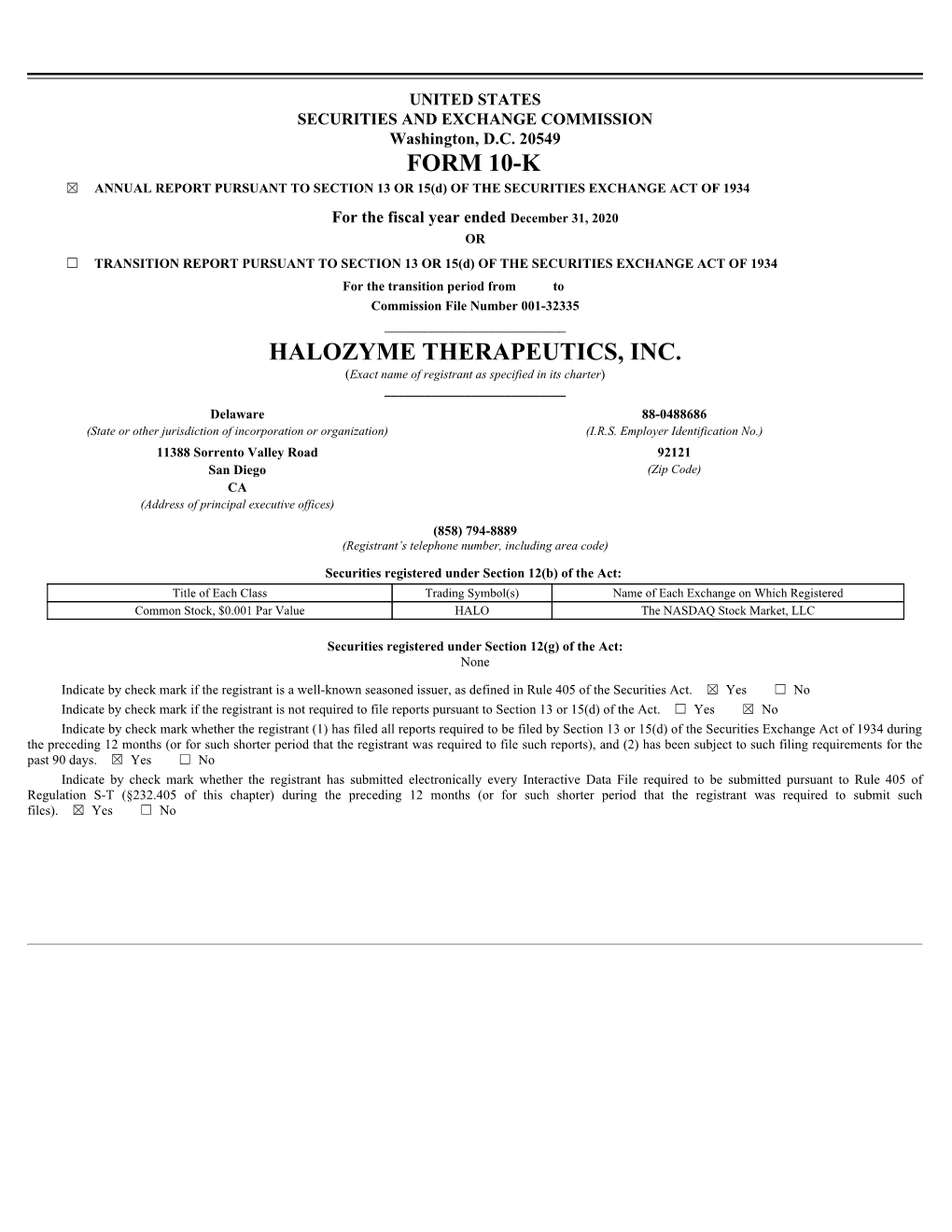 Form 10-K Halozyme Therapeutics, Inc