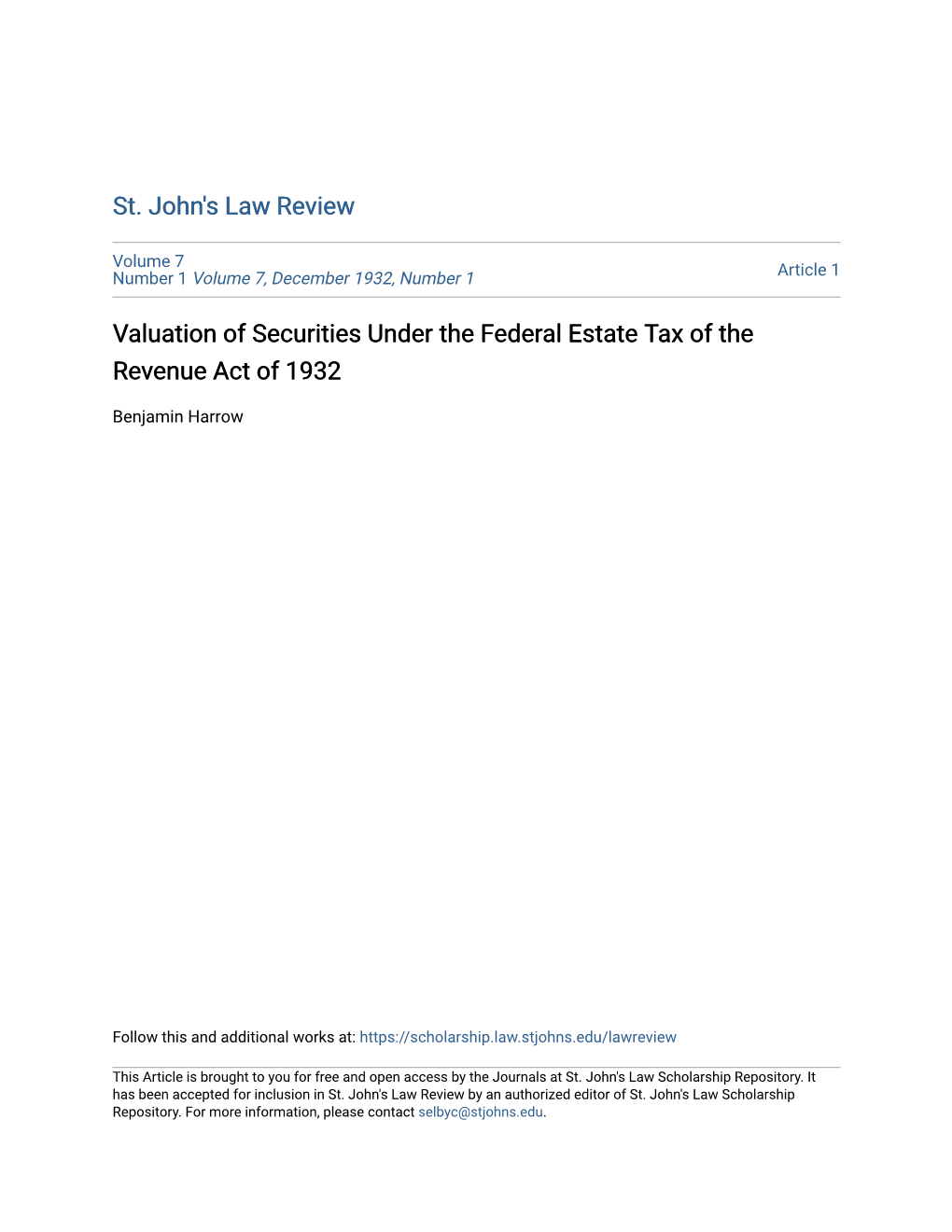 Valuation of Securities Under the Federal Estate Tax of the Revenue Act of 1932