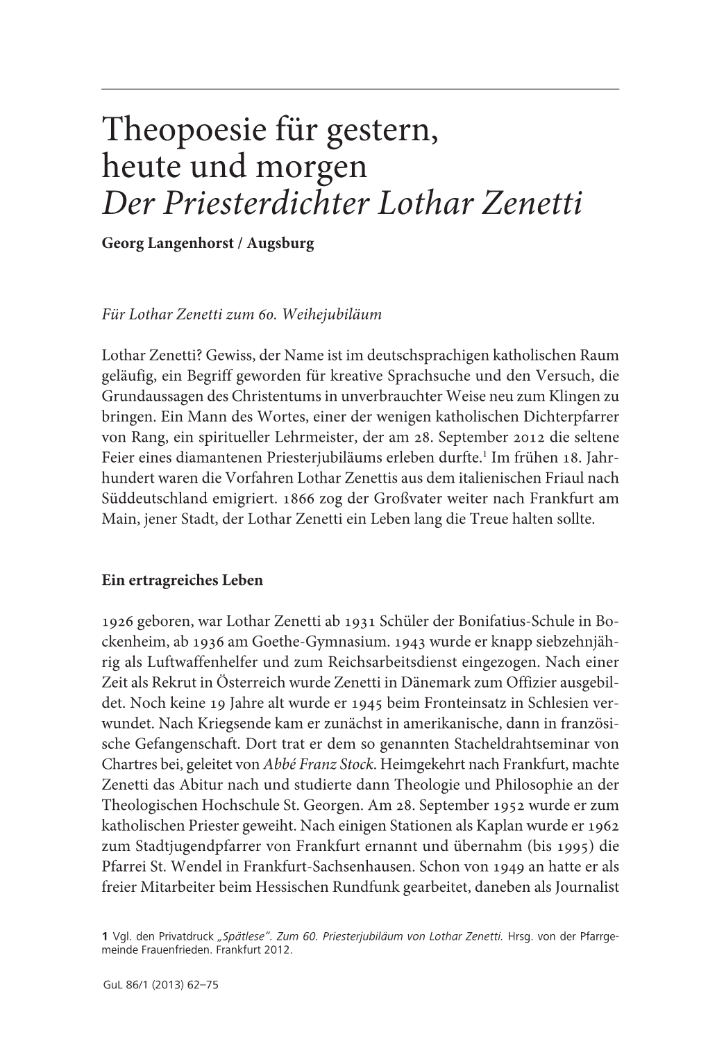 Georg Langenhorst Theopoesie Für Gestern, Heute Und Morgen. Der Priesterdichter Lothar Zenetti