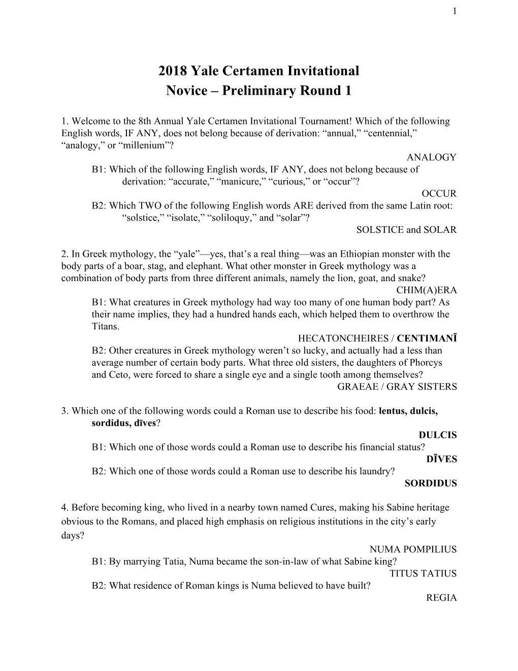 2018 Yale Certamen Invitational Novice – Preliminary Round 1