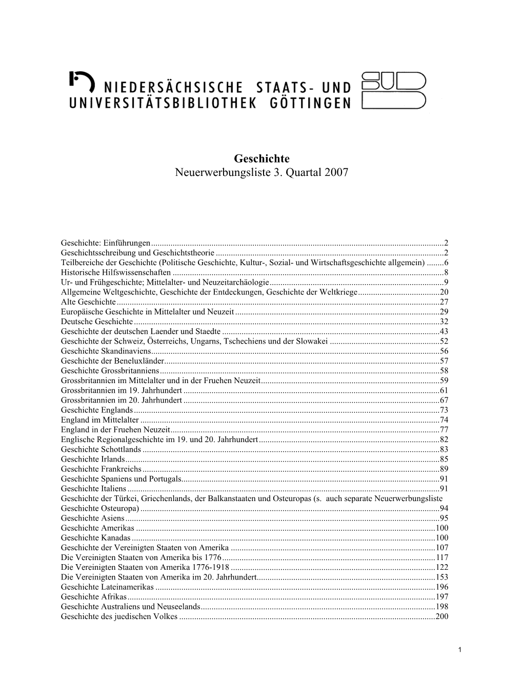 Geschichte Neuerwerbungsliste 3. Quartal 2007