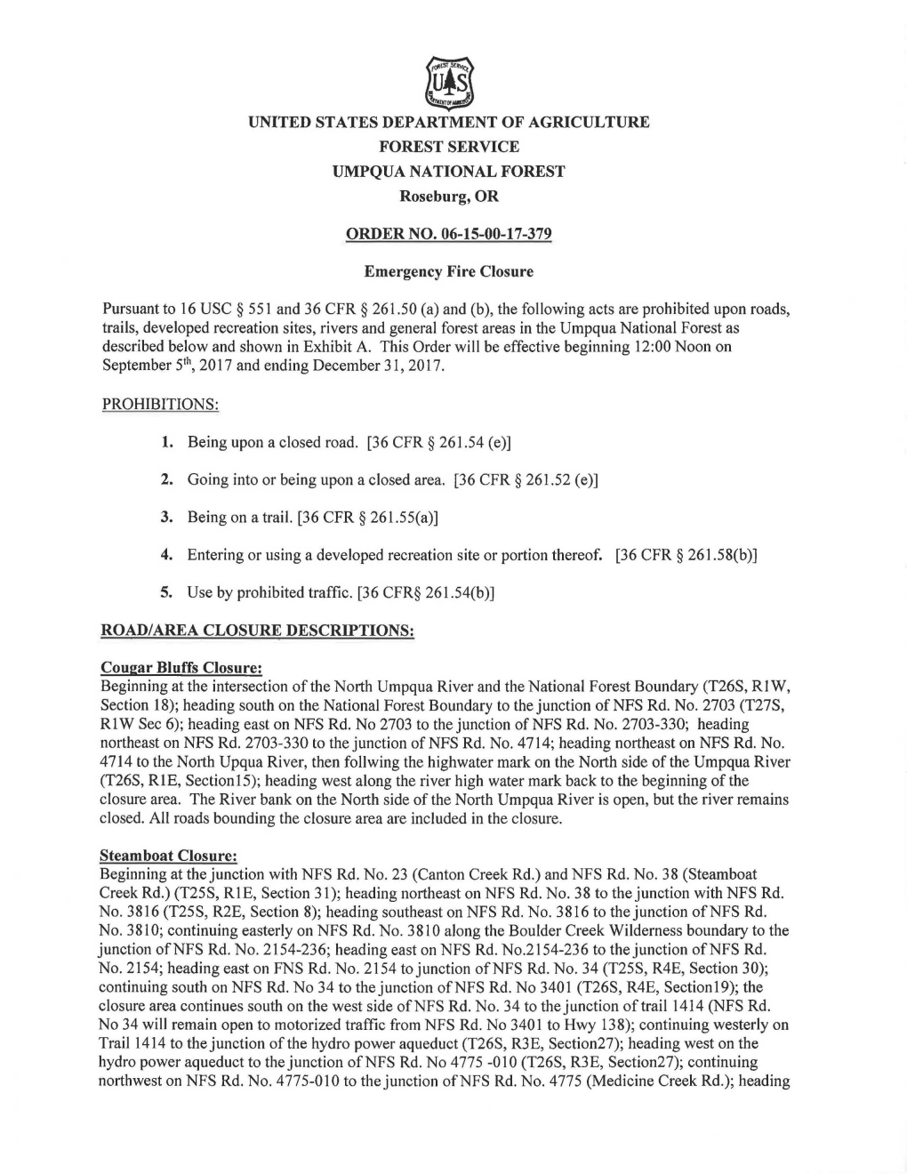 UNITED STATES DEPARTMENT of AGRICULTURE FOREST SERVICE UMPQUA NATIONAL FOREST Roseburg, OR