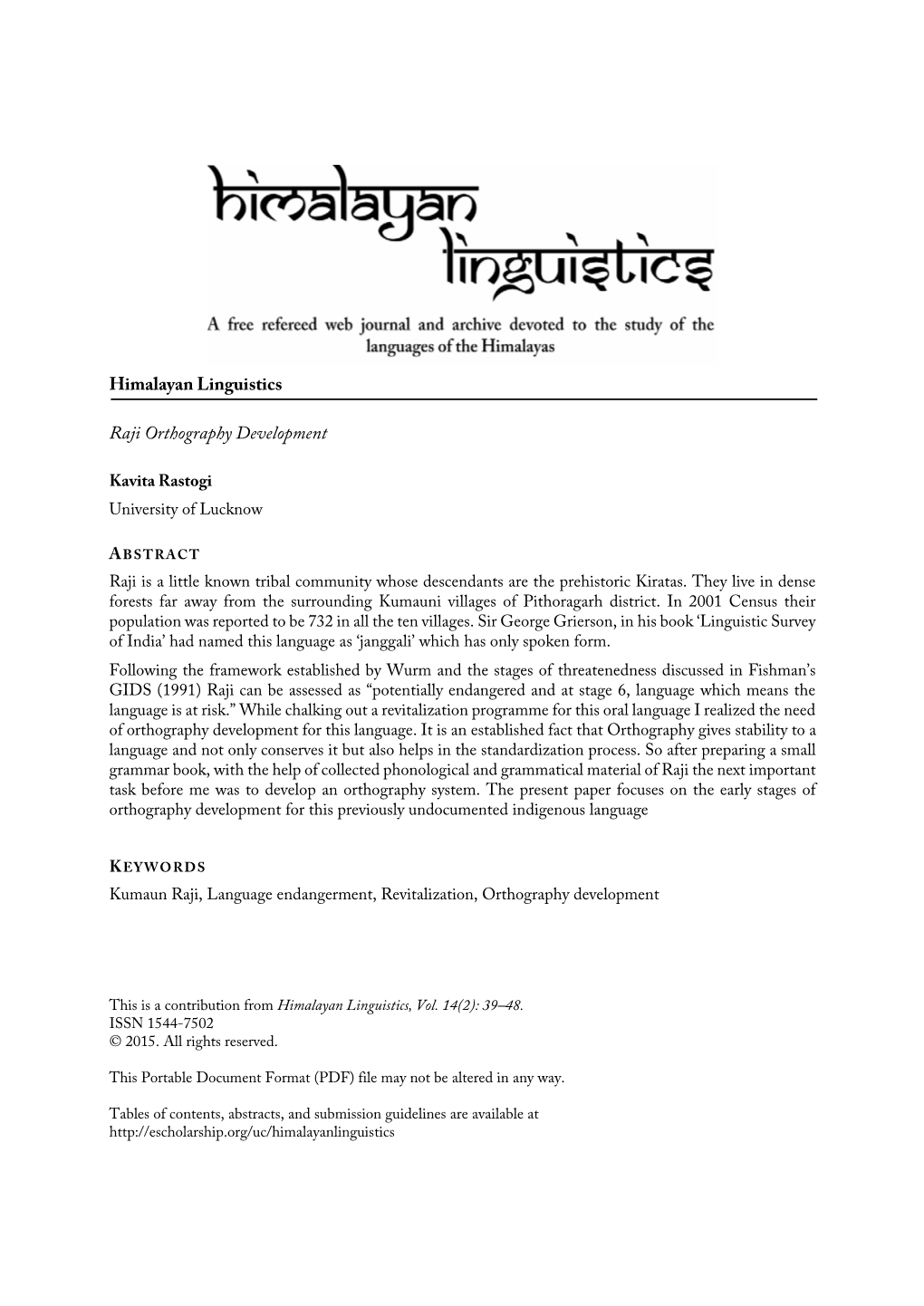 Himalayan Linguistics Raji Orthography Development