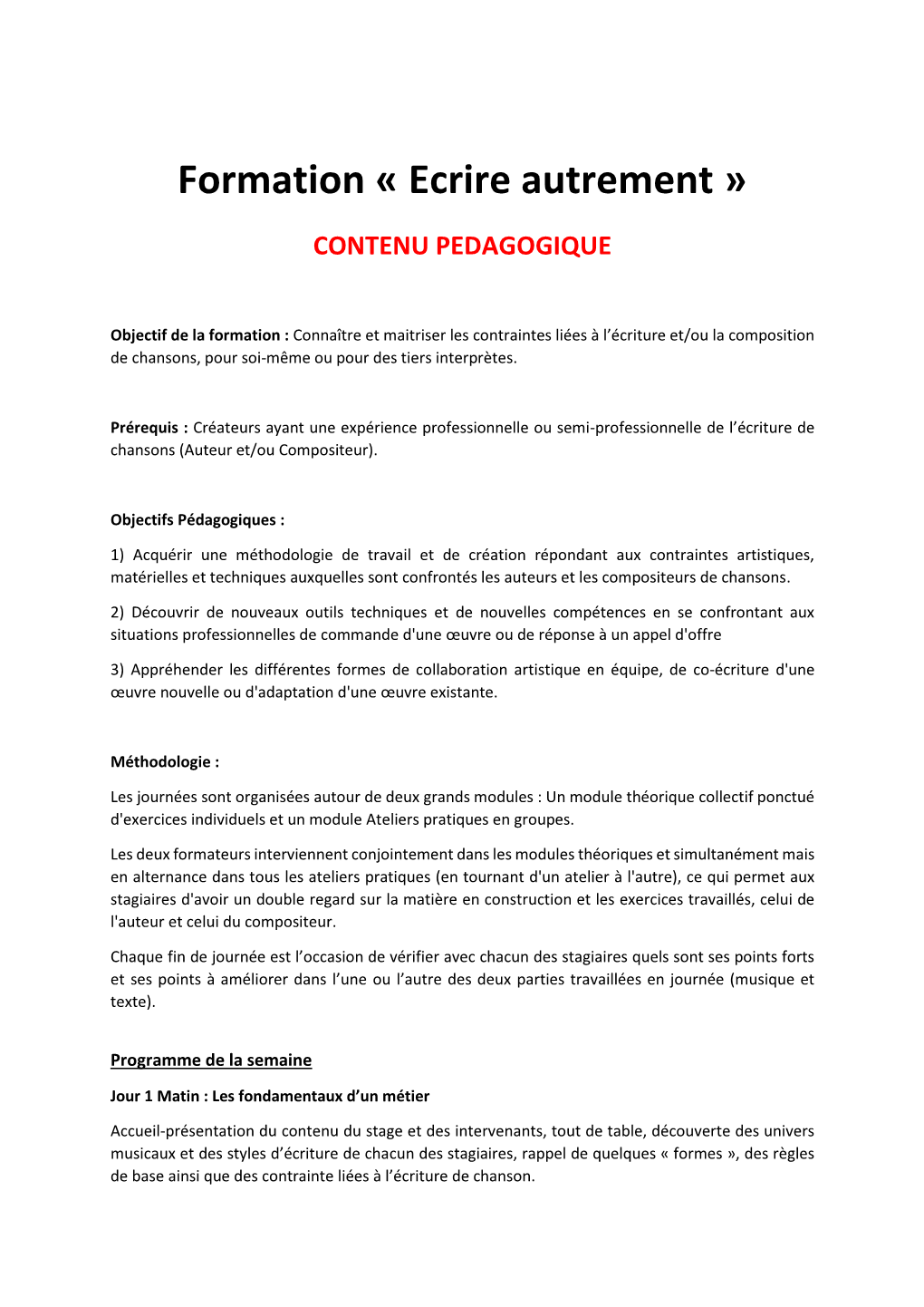 Fiche Contenu Pédagogique Et Formateurs Stage 01