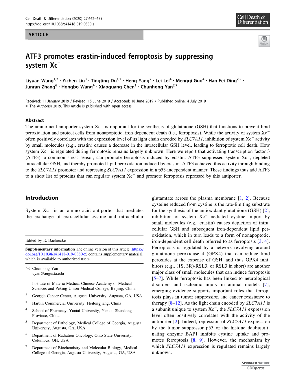 ATF3 Promotes Erastin-Induced Ferroptosis by Suppressing System Xc–