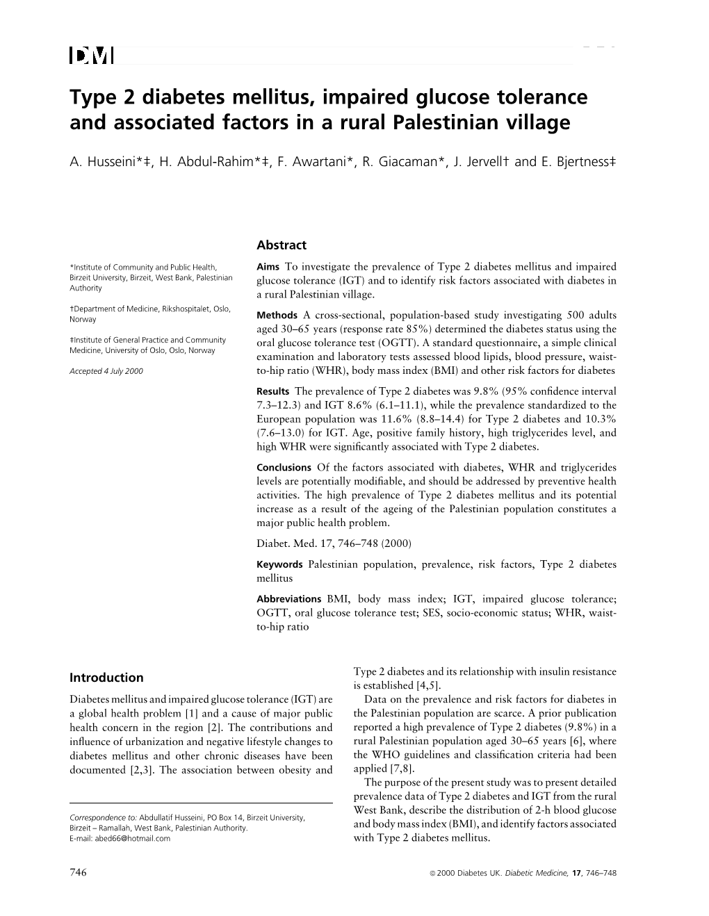 Type 2 Diabetes Mellitus, Impaired Glucose Tolerance and Associated Factors in a Rural Palestinian Village