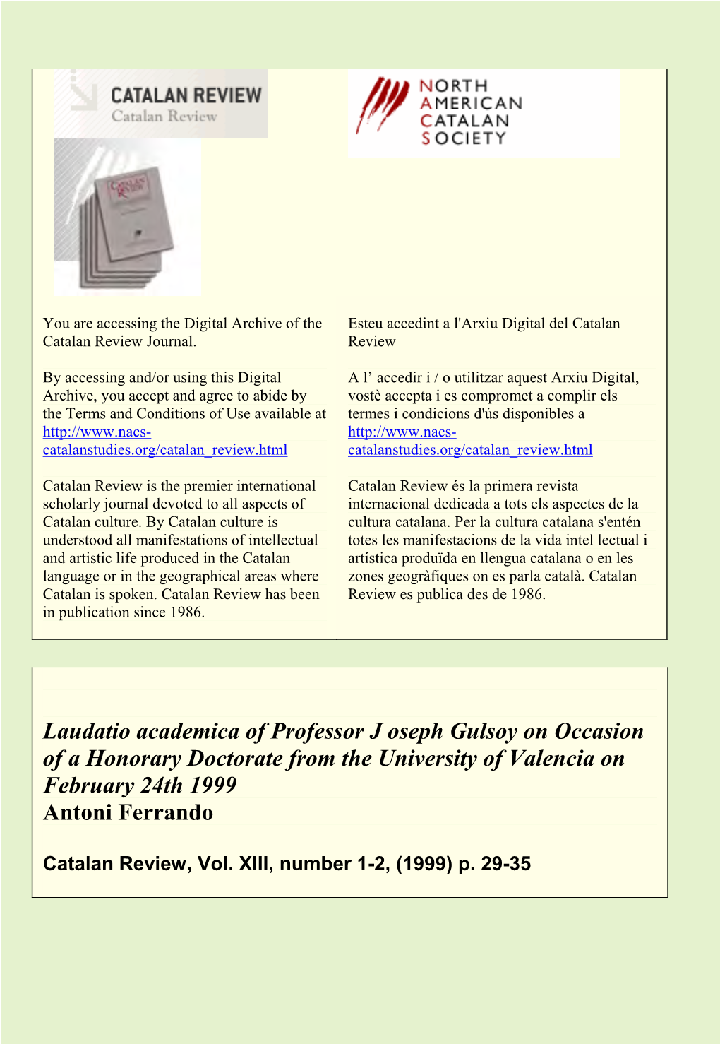 Laudatio Academica of Professor J Oseph Gulsoy on Occasion of a Honorary Doctorate from the University of Valencia on February 24Th 1999 Antoni Ferrando