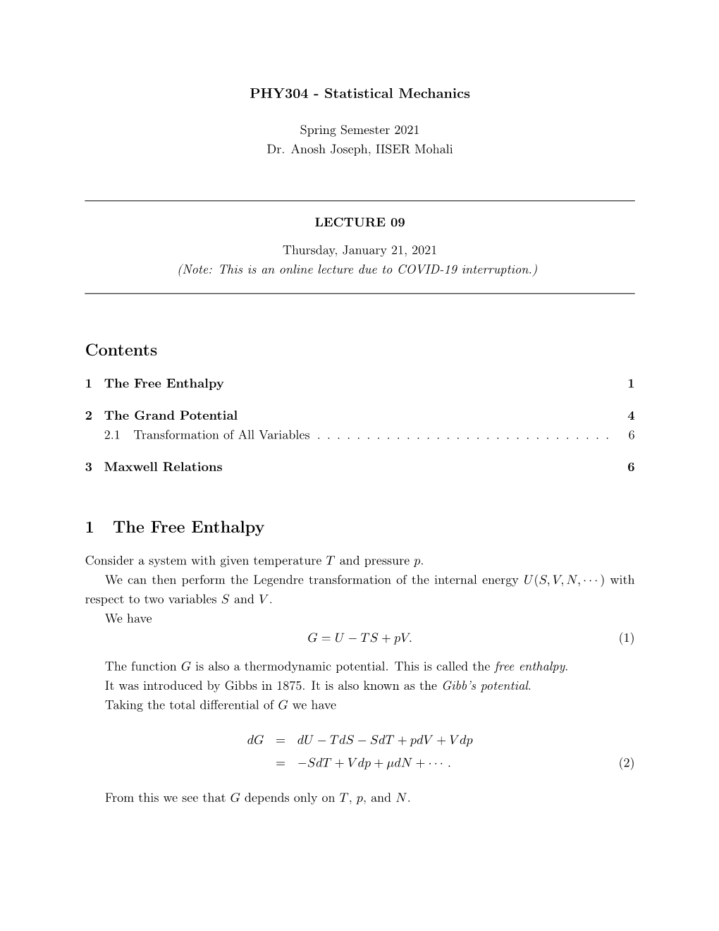 Contents 1 the Free Enthalpy