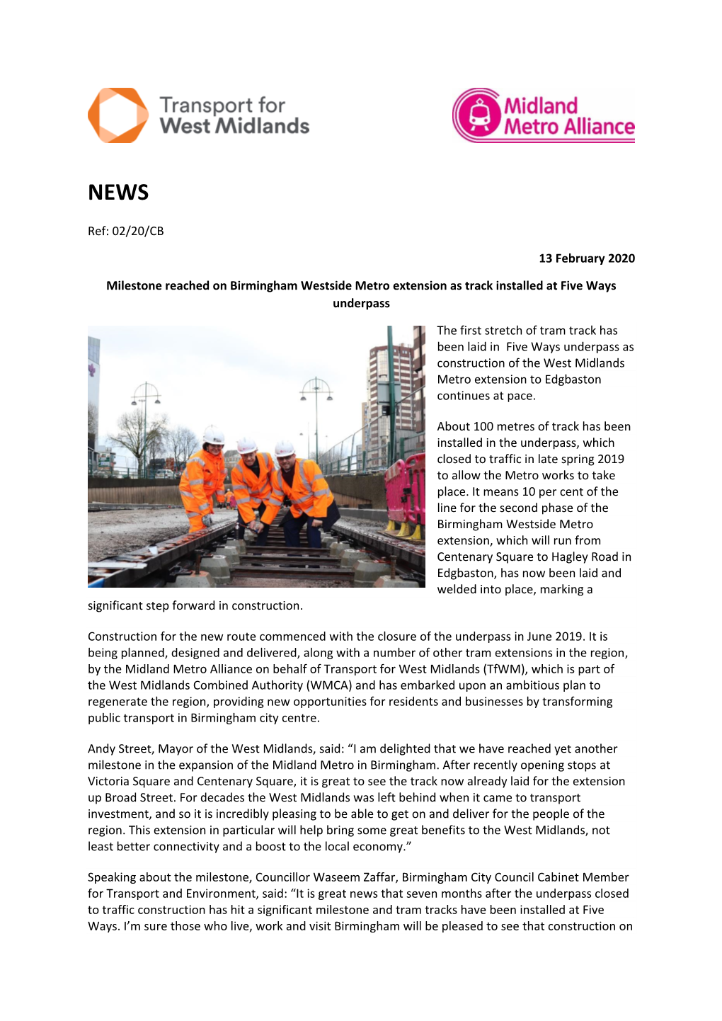 Milestone Reached on Birmingham Westside Metro Extension As Track Installed at Five Ways Underpass