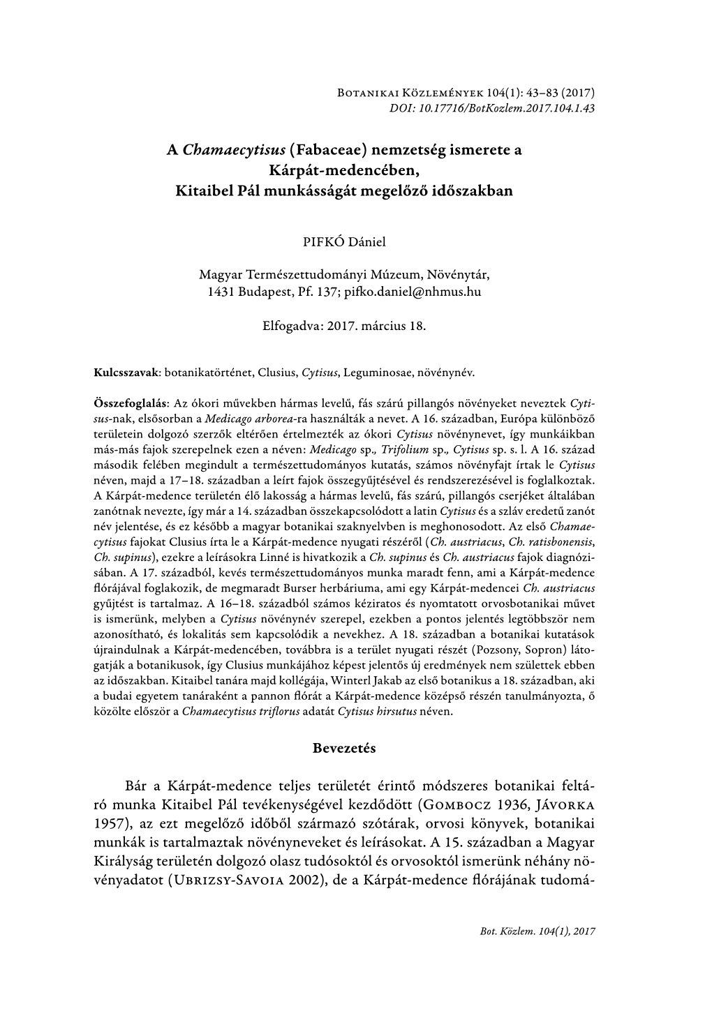 A Chamaecytisus (Fabaceae) Nemzetség Ismerete a Kárpát-Medencében, Kitaibel Pál Munkásságát Megelőző Időszakban