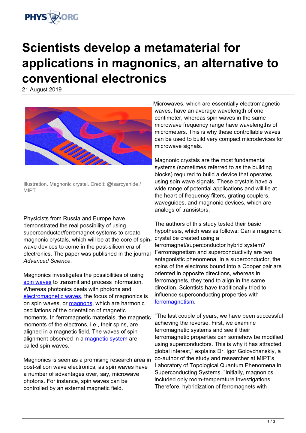 Scientists Develop a Metamaterial for Applications in Magnonics, an Alternative to Conventional Electronics 21 August 2019