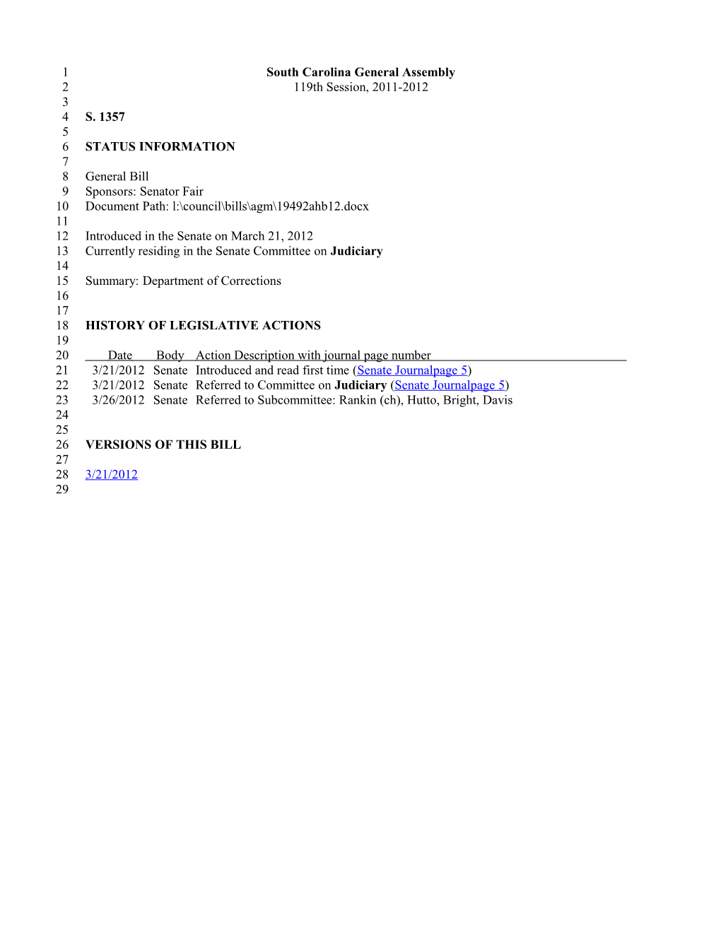 2011-2012 Bill 1357: Department of Corrections - South Carolina Legislature Online