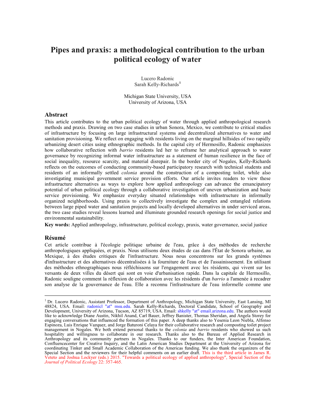 A Methodological Contribution to the Urban Political Ecology of Water