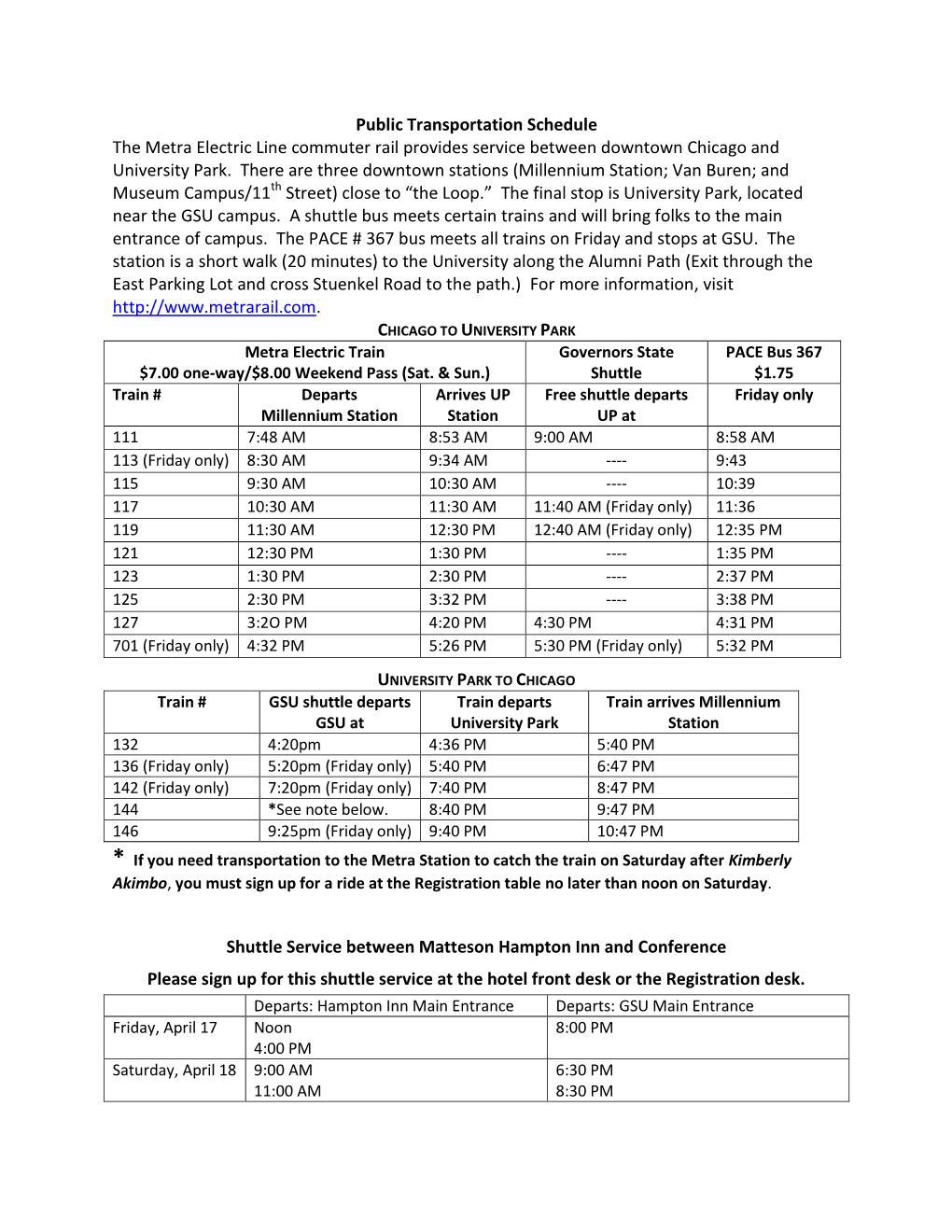 Public Transportation Schedule the Metra Electric Line Commuter Rail Provides Service Between Downtown Chicago and University Park