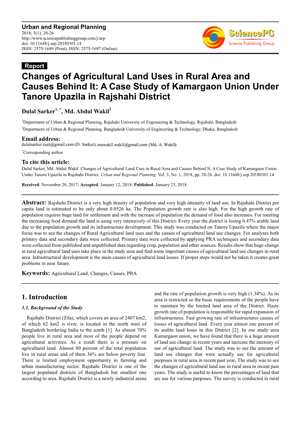 Changes of Agricultural Land Uses in Rural Area and Causes Behind It: a Case Study of Kamargaon Union Under Tanore Upazila in Rajshahi District
